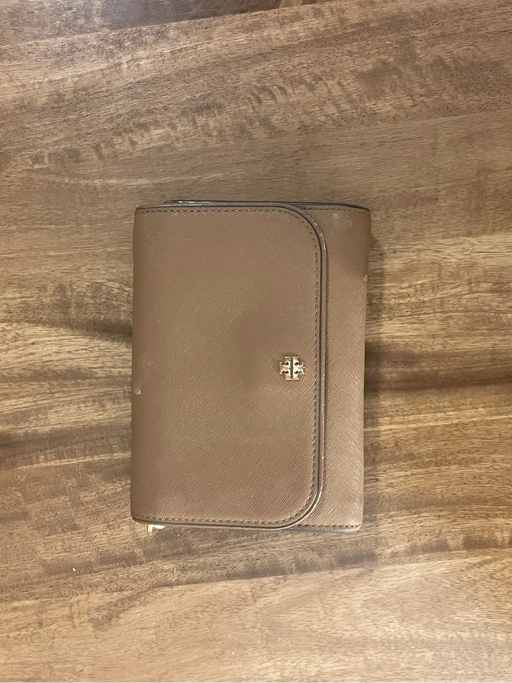 Tory Burch Tan Saffiano Leather Compact Wallet with Gold Logo
